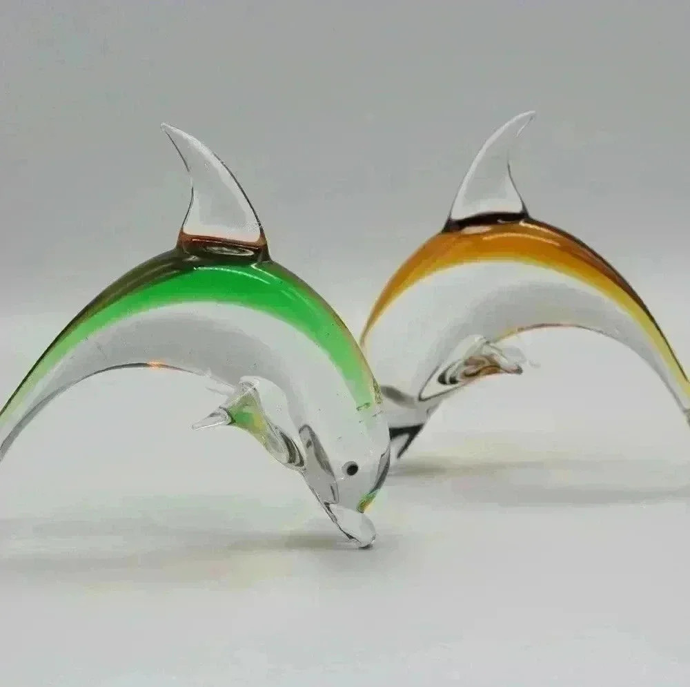 SET OF 2 ART GLASS ORANGE GREEN/VIOLET ORANGE DELPHINS FIGURINE FOR DECORATION - Picture 2 of 5